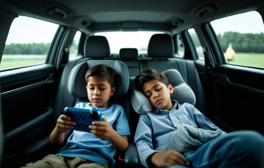 intérieur de voiture noire, enfants qui dorment
